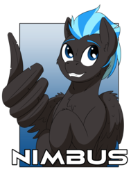 Size: 2007x2650 | Tagged: safe, artist:wcnimbus, oc, oc only, oc:nimbus, pegasus, pony, badge, con badge, gradient background, high res, male, simple background, solo, stallion, thumbs up, transparent background, wing hands