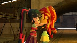 Size: 1024x576 | Tagged: safe, artist:lanceolleyfrie, sci-twi, sunset shimmer, twilight sparkle, human, series:lovers in arms, equestria girls, g4, 3d, clothes, eyes closed, female, glasses, gmod, jacket, kissing, leather jacket, lesbian, ponytail, ship:sci-twishimmer, ship:sunsetsparkle, shipping, skirt