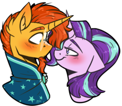 Size: 2789x2412 | Tagged: safe, artist:lrusu, starlight glimmer, sunburst, pony, unicorn, bedroom eyes, blushing, bust, cute, duo, eye contact, facial hair, female, glasses, goatee, looking at each other, male, mare, shipping, simple background, smiling, stallion, starburst, straight, transparent background