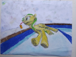Size: 4608x3456 | Tagged: safe, artist:mdaisy, oc, oc only, oc:marguerite daisy, pegasus, pony, drinking, female, juice, mare, mixed media, newbie artist training grounds, pastels (medium), pencil drawing, relaxing, solo, straw, summer, swimming pool, traditional art