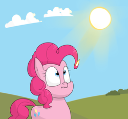 Size: 3000x2789 | Tagged: safe, artist:moonatik, pinkie pie, earth pony, pony, g4, abuse, atg 2018, bush, female, fire, heat, high res, mane on fire, mare, newbie artist training grounds, pinkiebuse, scrunchy face, solo, summer, sun