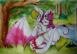 Size: 745x522 | Tagged: safe, oc, oc only, oc:white night, earth pony, pony, day, earth pony oc, forest, hug, lake, traditional art, tree