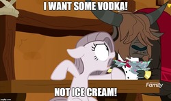 Size: 843x500 | Tagged: safe, edit, edited screencap, screencap, pinkie pie, earth pony, pony, yak, g4, yakity-sax, alcohol, drink, female, i want some x not y, image macro, mare, meme, vodka, yorkshire (g4)