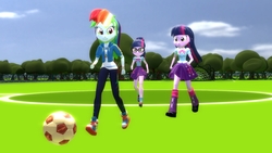 Size: 1920x1080 | Tagged: safe, artist:fivefreddy, rainbow dash, sci-twi, twilight sparkle, human, equestria girls, equestria girls series, g4, 3d, ball, bowtie, clothes, glasses, gmod, human paradox, jacket, leg warmers, pants, ponytail, self paradox, shoes, skirt, sneakers, soccer field, tree, twolight