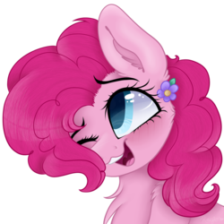 Size: 1024x1024 | Tagged: dead source, safe, artist:_spacemonkeyz_, pinkie pie, earth pony, pony, g4, bust, cheek fluff, chest fluff, cute, diapinkes, ear fluff, female, flower, flower in hair, fluffy, hair over one eye, mare, one eye closed, open mouth, portrait, shoulder fluff, simple background, solo, transparent background
