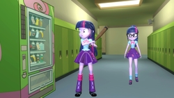 Size: 1920x1080 | Tagged: safe, artist:fivefreddy, sci-twi, twilight sparkle, human, equestria girls, equestria girls series, g4, 3d, angry, baseball bat, bowtie, clothes, glasses, gmod, human paradox, leg warmers, lockers, self paradox, shoes, skirt, sneakers, twolight, vending machine