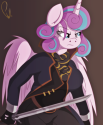 Size: 2474x3000 | Tagged: safe, artist:phyll, princess flurry heart, alicorn, anthro, g4, alternate hairstyle, breasts, busty princess flurry heart, dishonored, emily kaldwin, empress, female, high res, horn, older, older flurry heart, royalty, solo, stupid sexy princess flurry heart, sword, video game, warrior flurry heart, weapon, wings