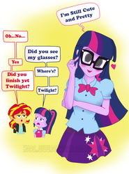 Size: 800x1080 | Tagged: safe, artist:masbro42, sci-twi, sunset shimmer, twilight sparkle, human, equestria girls, g4, adorkable, blushing, bowtie, broken english, clothes, cute, dialogue, dork, glasses, heart, human paradox, jacket, leather jacket, pleated skirt, ponytail, self paradox, skirt, twiabetes, twolight