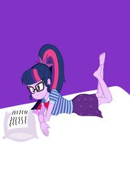 Size: 1024x1365 | Tagged: dead source, safe, artist:brick588, sci-twi, twilight sparkle, human, equestria girls, g4, my little pony equestria girls: better together, barefoot, bed, book, bowtie, clothes, feet, feet up, female, foot focus, glasses, pillow, ponytail, prone, reading, skirt, solo, the pose