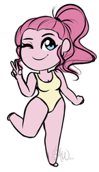 Size: 1356x2344 | Tagged: safe, artist:fairdahlia, pinkie pie, equestria girls, g4, alternate hairstyle, anatomically incorrect, clothes, female, incorrect leg anatomy, no nose, one eye closed, one-piece swimsuit, smiling, solo, swimsuit, wink