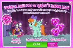 Size: 796x527 | Tagged: safe, gameloft, peppermint goldylinks, pegasus, pony, g4, school daze, advertisement, background pony, bow, coin, costs real money, female, friendship student, hair bow, introduction card, mannequin, mare, punk, raripunk, sale
