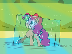 Size: 1800x1350 | Tagged: safe, artist:flutterluv, pinkie pie, earth pony, pony, g4, atg 2018, encasement, female, floating, frozen, gritted teeth, ice, mare, melting, newbie artist training grounds, solo, water