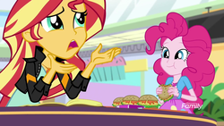 Size: 1280x720 | Tagged: safe, screencap, pinkie pie, sunset shimmer, equestria girls, equestria girls specials, g4, mirror magic, burger, canterlot mall, female, food, geode of empathy, geode of sugar bombs, hamburger, plant