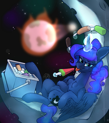 Size: 1500x1700 | Tagged: safe, artist:passigcamel, princess luna, alicorn, pony, g4, cooler, crescent moon, earth, female, fire, food, glowing horn, horn, magic, mare, moon, popsicle, solo, tangible heavenly object, transparent moon