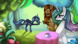 Size: 2100x1180 | Tagged: safe, artist:colochenni, melvin, princess celestia, princess luna, alicorn, manticore, pony, g4, journal of the two sisters, everfree forest, food, table, tablecloth, tea, tree