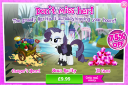 Size: 791x524 | Tagged: safe, gameloft, mean rarity, pony, unicorn, g4, my little pony: magic princess, the mean 6, advertisement, cart, clone, clothes, costs real money, female, gem, hoard, mare