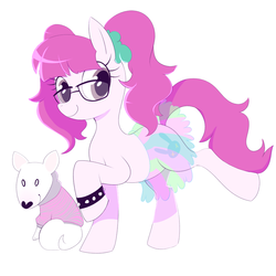 Size: 1024x1024 | Tagged: safe, artist:norithecat, oc, dog, pony, bracelet, clothes, duo, glasses, jewelry, pet, pigtails, simple background, spiked wristband, twintails, white background, wristband