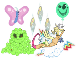 Size: 3300x2550 | Tagged: safe, artist:tourniquetmuffin, discord, keepers of the grove of truth, butterfly, draconequus, g4, the return of harmony, antagonist, apple, balloon, cloud, disguise, elements of disharmony, food, high res, lying on a cloud, on a cloud, simple background, stained glass, transparent background, vector