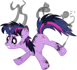 Size: 1024x934 | Tagged: safe, artist:tourniquetmuffin, twilight sparkle, pony, unicorn, feeling pinkie keen, g4, female, mare, messy mane, scorched, simple background, smoke, transparent background, unicorn twilight, vector