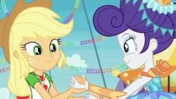 Size: 986x555 | Tagged: safe, screencap, applejack, rarity, equestria girls, equestria girls specials, g4, my little pony equestria girls: better together, my little pony equestria girls: rollercoaster of friendship, animated, cute, duo, female, gif, hug, jackabetes, raribetes, shipping fuel
