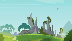 Size: 1366x768 | Tagged: safe, screencap, gallus, g4, school daze, castle of the royal pony sisters, flying, male, ruins, scenery, solo