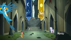 Size: 1366x768 | Tagged: safe, screencap, gallus, ocellus, silverstream, smolder, yona, classical hippogriff, dragon, griffon, hippogriff, g4, school daze, architecture, arm behind head, banner, beautiful, book, castle of the royal pony sisters, dragoness, female, flying, grass, hall, male, ruins, scenery, smug, stairs