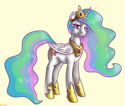 Size: 1980x1680 | Tagged: safe, artist:kelkessel, princess celestia, alicorn, pony, g4, crown, ethereal mane, eyeshadow, female, hoof shoes, horn, lidded eyes, looking at you, makeup, mare, peytral, regalia, simple background, smiling, solo, wings