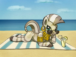 Size: 1265x953 | Tagged: safe, artist:el-yeguero, zecora, pony, zebra, g4, beach, beach blanket, cloud, cute, drink, female, looking at you, mare, prone, sky, smiling, solo, sunglasses, water, zecorable