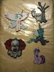 Size: 960x1280 | Tagged: safe, artist:king-franchesco, princess celestia, queen chrysalis, twilight sparkle, alicorn, changeling, human, unicorn, g4, clown, eyes closed, female, horn, irl, it, jewelry, keychain, male, open mouth, pennywise, photo, regalia, sitting, smiling, spread wings, stallion, standing, teeth, tree, wings