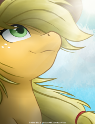 Size: 2000x2600 | Tagged: safe, artist:ravenevert, applejack, earth pony, pony, g4, bust, cloud, female, high res, looking up, mare, portrait, smiling, solo