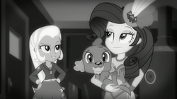 Size: 2048x1149 | Tagged: safe, screencap, rarity, spike, spike the regular dog, trixie, dog, equestria girls, equestria girls series, g4, rarity investigates: the case of the bedazzled boot, clothes, detective rarity, hoodie, monochrome, noir, rarity investigates (eqg): trixie