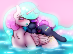 Size: 2727x2028 | Tagged: safe, artist:aaa-its-spook, princess celestia, oc, oc:spook, demon pony, g4, canon x oc, ethereal mane, fangs, female, glowing cutie mark, glowing mane, high res, larger female, lesbian, lipstick, makeup, piggyback ride, shipping, size difference, swimming, water