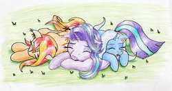 Size: 3419x1820 | Tagged: safe, artist:40kponyguy, derpibooru exclusive, starlight glimmer, sunset shimmer, trixie, pony, unicorn, g4, counterparts, cuddle puddle, cuddling, cute, ear fluff, floppy ears, grass, magical trio, pony pile, sleeping, traditional art, twilight's counterparts