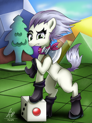 Size: 800x1067 | Tagged: safe, artist:pyropk, skellinore, pony, g4, the break up breakdown, axe, boots, cute, cute little fangs, dice, dungeons and dragons, fangs, game, living skellinor, ogres and oubliettes, ponified, shoes, solo, weapon