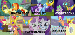 Size: 2856x1360 | Tagged: safe, apple bloom, scootaloo, spike, starlight glimmer, sunburst, sweetie belle, thorax, trixie, g4, acceptance, courage, crystal empire, cutie mark crusaders, elements of harmony, empathy, equestria games, generosity, honesty, kindness, knowledge, laughing, loyalty, magic, next generation, playfulness, prediction, theory, unity