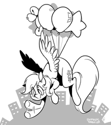 Size: 735x826 | Tagged: safe, artist:egophiliac, derpy hooves, pegasus, pony, g4, balloon, female, floating, flying, grayscale, mare, monochrome, smiling, solo, waving