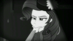 Size: 998x561 | Tagged: safe, screencap, rarity, equestria girls, g4, my little pony equestria girls: choose your own ending, rarity investigates: the case of the bedazzled boot, rarity investigates: the case of the bedazzled boot: applejack, animated, detective rarity, female, gif, monochrome, solo, unamused