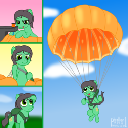 Size: 1000x1000 | Tagged: safe, artist:phallen1, oc, oc only, oc:sadie michaels, earth pony, pony, atg 2018, comic, food, harness, newbie artist training grounds, orange, parachute, ponified, ponified oc, sequential art, sewing, sewing machine, sky, skydiving, tack