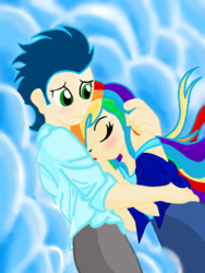 Size: 768x1024 | Tagged: safe, artist:wizardart16, rainbow dash, soarin', human, g4, female, hug, humanized, male, ship:soarindash, shipping, straight