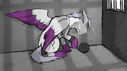 Size: 1024x576 | Tagged: safe, artist:awesomewaffle11, oc, oc only, pegasus, pony, ball and chain, cell, jail, prison, sad, solo