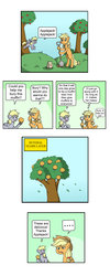 Size: 1024x2550 | Tagged: safe, artist:verycomicrelief, applejack, derpy hooves, g4, apple, comic, food, muffin, shovel, text, tree