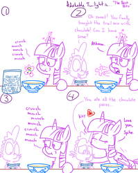 Size: 1280x1611 | Tagged: safe, artist:adorkabletwilightandfriends, spike, twilight sparkle, alicorn, dragon, pony, comic:adorkable twilight and friends, g4, adorkable twilight, bowl, chocolate, comic, cute, disappointed, disappointment, family, food, forehead kiss, humor, kissing, lineart, love, mama twilight, mouth, nuts, platonic kiss, pure unfiltered evil, tongue out, trail mix, twilight sparkle (alicorn), upset