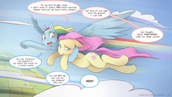 Size: 3840x2160 | Tagged: safe, artist:icychamber, fluttershy, rainbow dash, pegasus, pony, g4, belly button, carrying, dialogue, duo, engrish, female, flying, folded wings, high res, mare, rainbow trail, sky, speech bubble, spread wings, wings