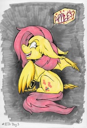Size: 3443x5040 | Tagged: safe, artist:nekotigerfire, fluttershy, bat pony, pegasus, pony, g4, atg 2018, dialogue, evil smile, female, flutterbat, grin, looking at you, looking back, looking back at you, mare, newbie artist training grounds, profile, race swap, sitting, smiling, solo, speech bubble, spread wings, traditional art, transformation, wings