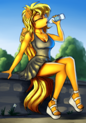 Size: 1400x2000 | Tagged: safe, artist:lightly-san, oc, oc only, oc:lightly breeze, pegasus, anthro, plantigrade anthro, beautiful, bottle, breasts, cleavage, clothes, crossed legs, drink, drinking, feet, female, freckles, high heels, legs, open-toed shoes, pleated skirt, shoes, sitting, skirt, solo, toes, water, water bottle