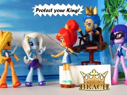 Size: 1200x900 | Tagged: safe, artist:whatthehell!?, applejack, flash sentry, sci-twi, sunset shimmer, trixie, twilight sparkle, equestria girls, equestria girls series, g4, beach, chair, clothes, dagger, doll, equestria girls minis, eqventures of the minis, flash sentry gets all the mares, glasses, irl, katana, king of the beach, photo, ponied up, sandals, stars, swimsuit, sword, toy, tuxedo, weapon
