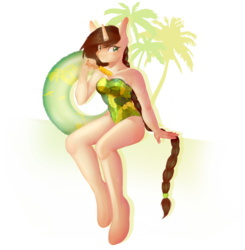Size: 2000x2040 | Tagged: safe, artist:artistgenepal, oc, oc only, unicorn, anthro, unguligrade anthro, anthro oc, braid, braided tail, clothes, digital art, female, high res, mare, one-piece swimsuit, signature, simple background, solo, swimsuit, tail, tail band, transparent background