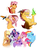 Size: 1024x1396 | Tagged: safe, artist:loryska, applejack, pinkie pie, rainbow dash, rarity, twilight sparkle, oc, oc:larkspur, alicorn, draconequus, hybrid, pony, g4, crying, curved horn, horn, interspecies offspring, magic, offspring, parent:discord, parent:fluttershy, parents:discoshy, tarantula hawk, tears of joy, twilight sparkle (alicorn)