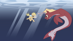 Size: 5000x2812 | Tagged: safe, artist:aaronmk, oc, oc:posada, earth pony, pony, seapony (g4), atg 2018, bubble, colt, diving, eye contact, female, goggles, looking at each other, male, mare, newbie artist training grounds, ocean, open mouth, scuba gear, size difference, smiling, underwater