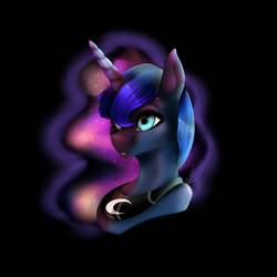 Size: 1024x1024 | Tagged: safe, artist:melodyboundless, princess luna, alicorn, pony, g4, black background, bust, ethereal mane, female, galaxy mane, mare, open mouth, portrait, signature, simple background, solo, starry mane